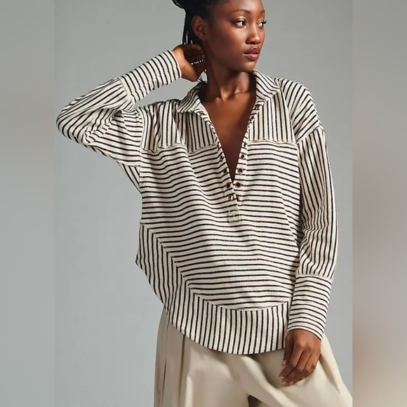 Pilcro Tops - Anthropologie Pilcro Spliced Henley Top Black White Striped Size Small